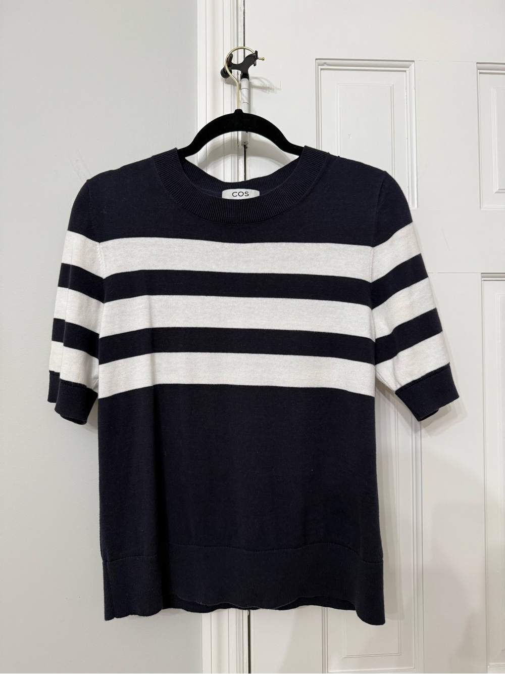 COS Navy and White Striped Short‑Sleeve Crewneck Sweater